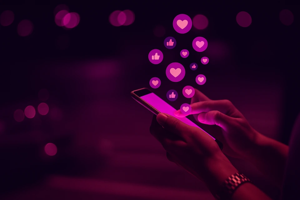 En person som håller i en mobiltelefon som illustrativt visar likes