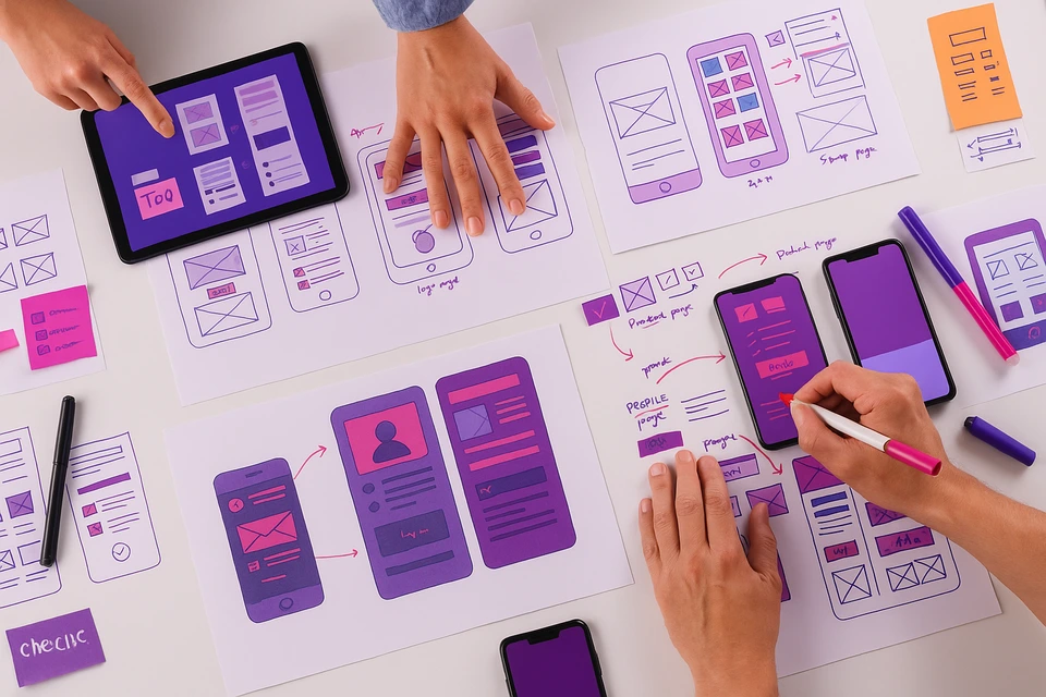 En toppvybild som visar tv personer som arbetar ed design och UX skisser.